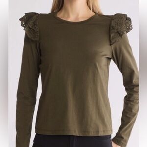 Joe's Jeans Olive Long Sleeve Top with Lace Shoulders